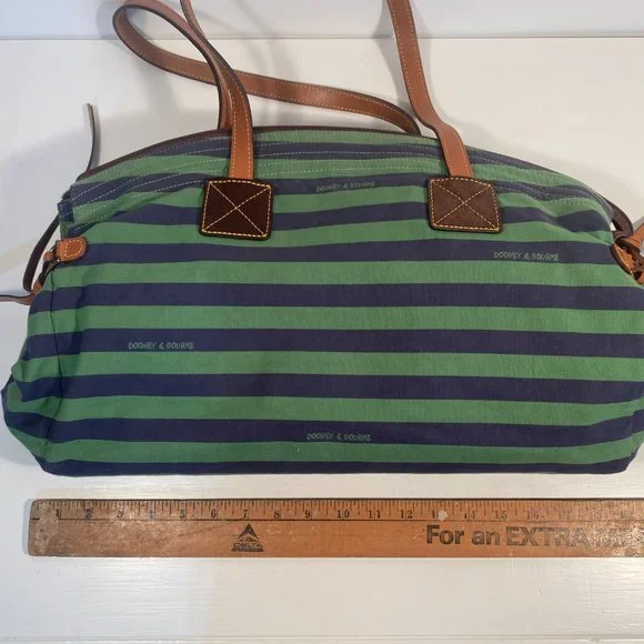 Dooney & Bourke Green Blue Striped Fabric Brown Leather Strap Large Tote Bag - Picture 10 of 10